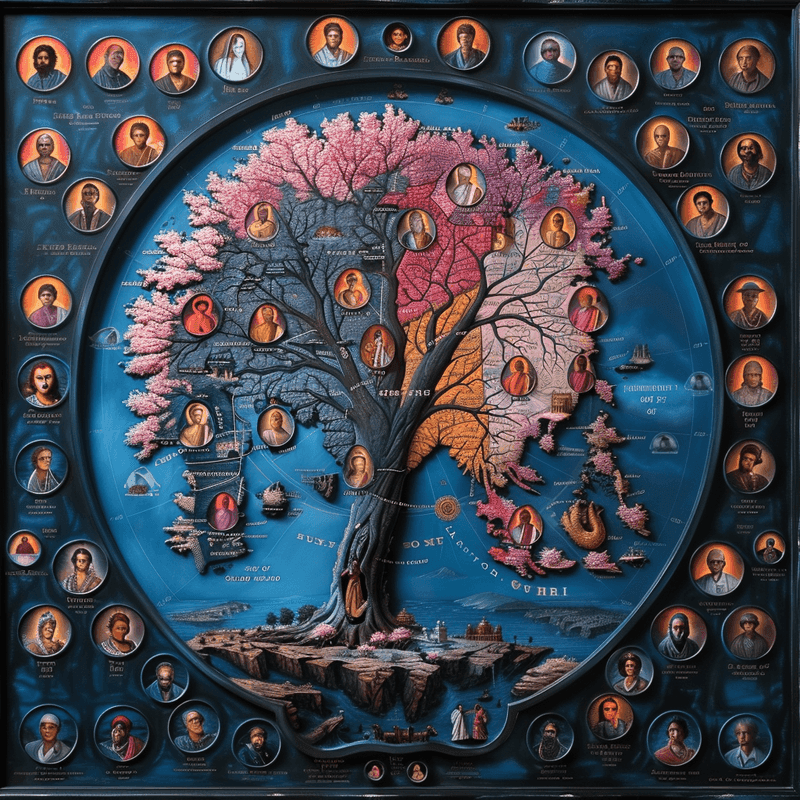 A family tree spanning generations — roots, branches, blossoms